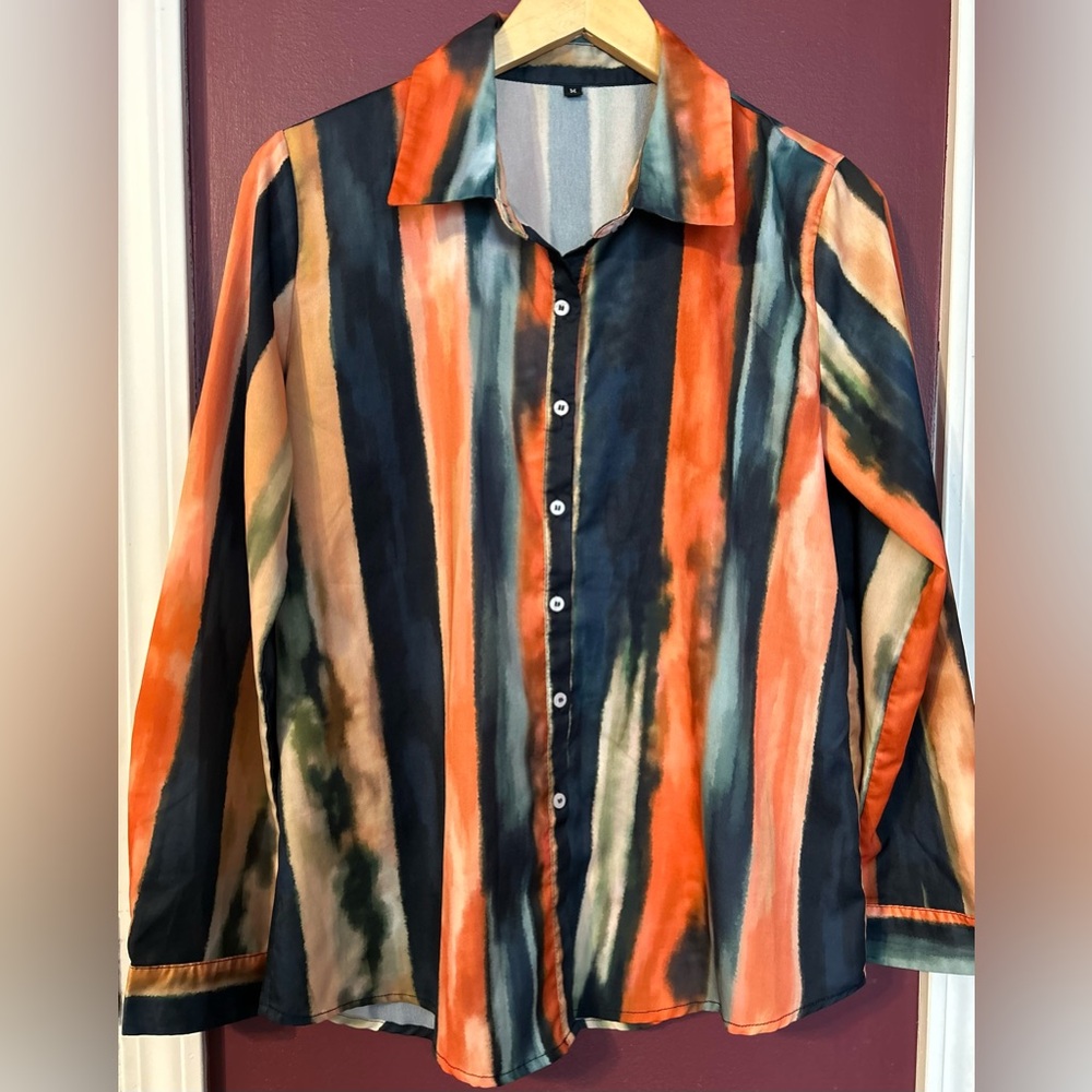 70s Inspired Long Sleeve Button Up Blouse with Vertical Striped Pattern Size M